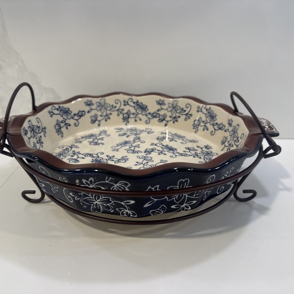 Temp-tations Blue Floral Scalloped Serving Bowl Baker w Metal Stand 10in